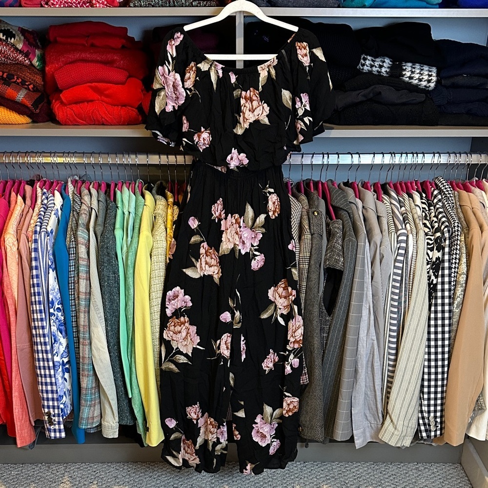 Audrey black/pink floral elastic waistband off the shoulder jumpsuit size S